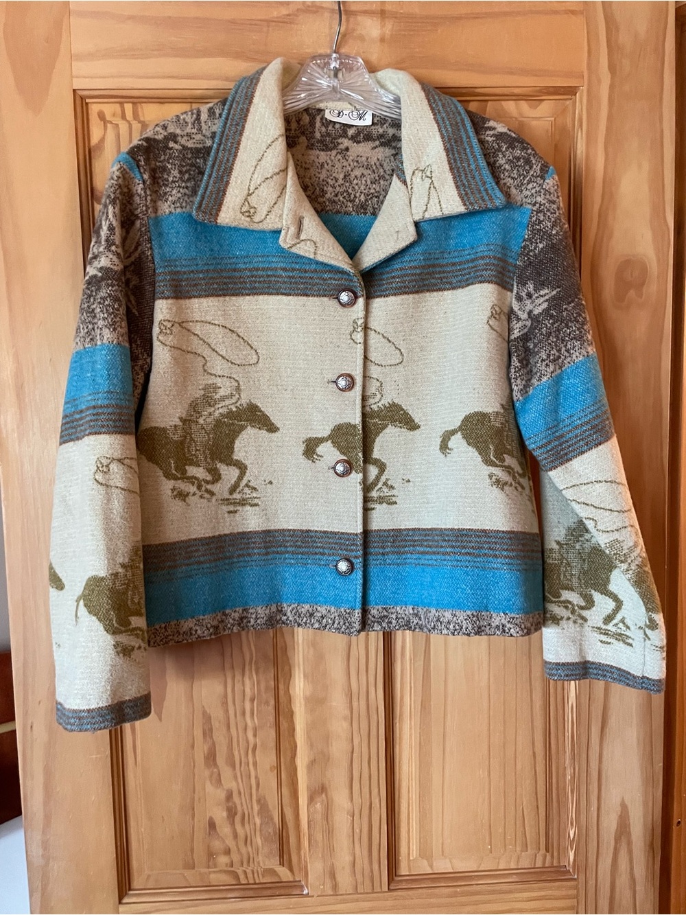 Western-Print Turquoise & Cream Button-Front Jean Jacket